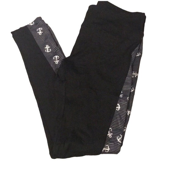 Lularoe Jordan Womens Sz XL Ankle Leggings Athletic Black Nautical Anchor Pants - Picture 1 of 9